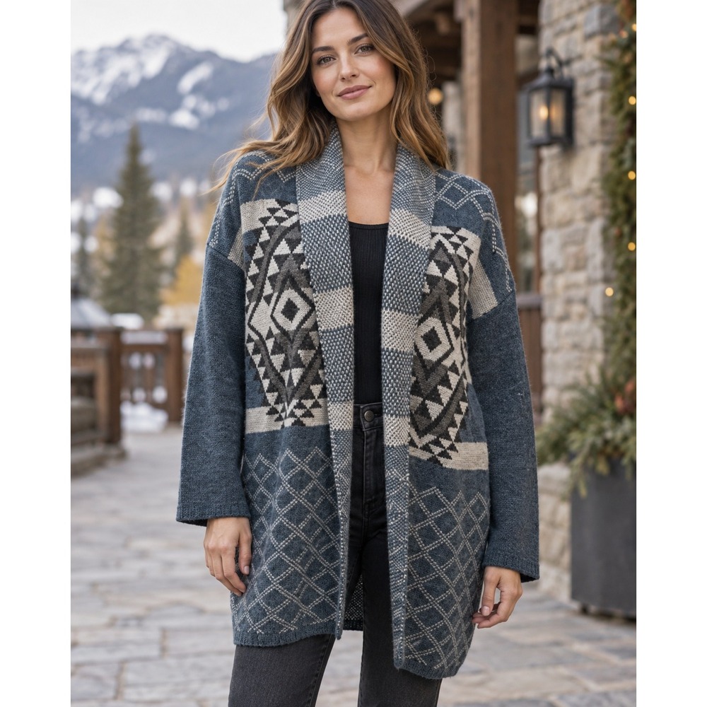 Southwestern Geometric Shawl Collar Open Front Cardigan Blue Gray Sweater